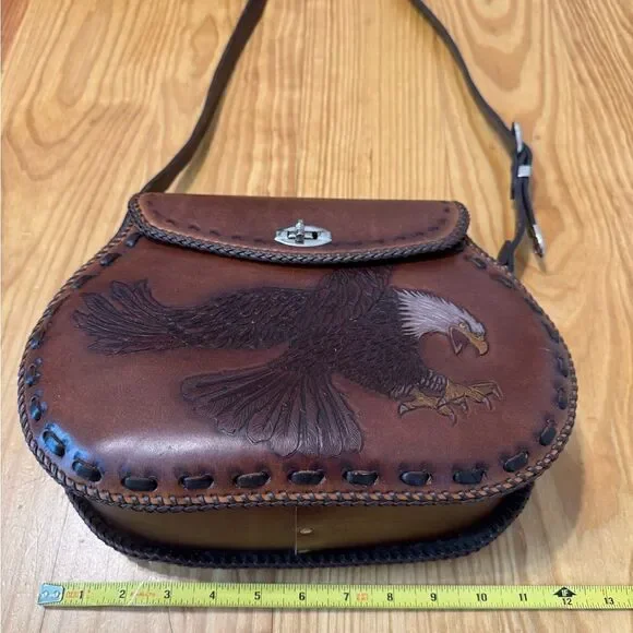 Vintage Handmade Tooled Leather Eagle Bird Saddlebag Shoulder Purse Western - Picture 4 of 16